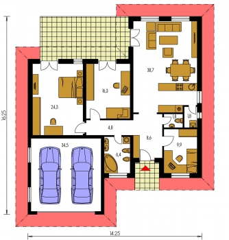 Spiegelverkehrter Entwurf | Grundriss des Erdgeschosses - BUNGALOW 22